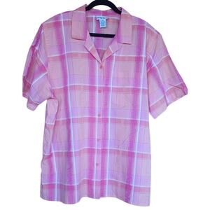 VTG Alfred Dunner Pink Orange Plaid Camp Shirt Cotton New Old Stock Women's 20W